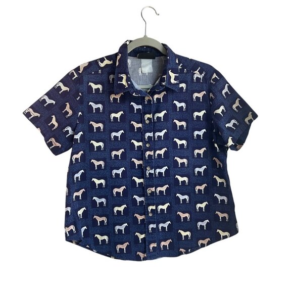 Vintage Roughrider Medium Button Shirt Horse Novelty Print Short Sleeve Western - Picture 1 of 12